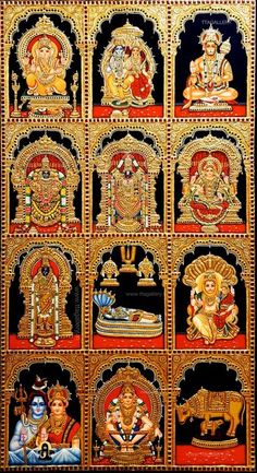 an intricately decorated wall hanging in the shape of hindu deities, with gold and red accents