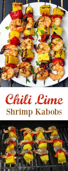 grilled shrimp and pineapple kabobs on the grill with text overlay