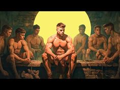 a painting of a man sitting on a bench in front of men with no shirts