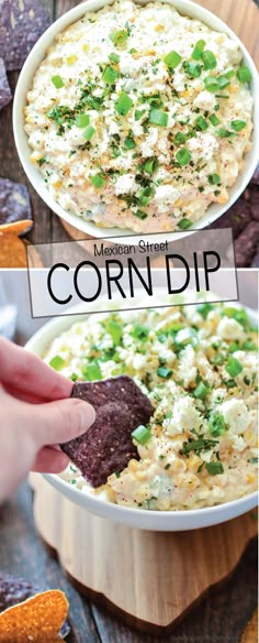 a person dipping tortilla chips into a bowl of corn dip