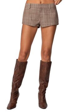 Polished plaid adds a preppy touch to these low-rise woven shorts cut to an ultraleggy length. Zip fly with hook-and-bar closure 100% polyester Machine wash, dry flat Imported Brown Fits, Low Rise Shorts, Swimwear Dress, Plaid Shorts, Patterned Fabric, Black Fits, Sheer Lace, S Models, Plaid Pattern