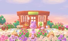 an animal crossing game with flowers in the foreground and a building in the background