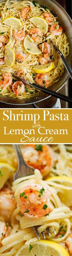 shrimp pasta with lemon and cream sauce in a skillet