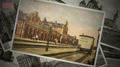 an old photo of a train station with people walking on the tracks and buildings in the background