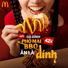 a woman eating food with the mcdonald's logo on her face and mouth in front of her