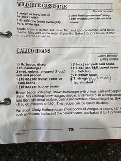 a menu listing wild rice casserole and calico beans on a piece of paper