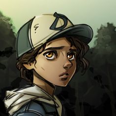 a boy with a baseball cap on his head and trees in the back ground behind him