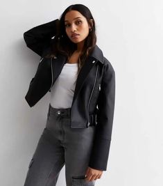 Collared neckline
 Long sleeves
 Silver-tone hardware
 Cropped length
 Leather-look fabric
 Zip fastening
 Regular fit
 Cotton, 1% Viscose.
 Outer: 100% Polyurethane.
 Machine washable.
 Main Fabric: 96% Polyester, 3%
 Model is 5'9.5"/176cm and wears UK 10/EU 38/US 6 Winter Leather Jacket With Metal Zipper For Work, Chic Leather Jacket With Metal Zipper For Fall, Black Spring Outerwear With Metal Zipper, Chic Fall Leather Jacket With Metal Zipper, Chic Fitted Biker Jacket With Metal Zipper, Spring Black Outerwear With Metal Zipper, Chic Fitted Leather Jacket With Metal Zipper, Chic Winter Leather Jacket With Metal Zipper, Fall Office Biker Jacket With Zipper Closure