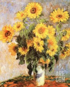 a painting of sunflowers in a vase on a table