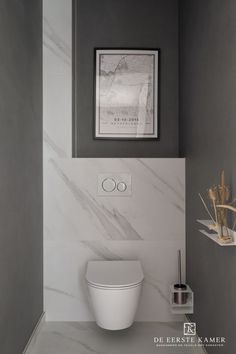 a white toilet sitting in a bathroom next to a wall mounted art print on the wall