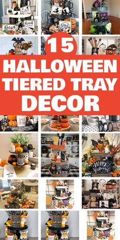 15 Halloween-themed tiered tray decor ideas featuring pumpkins, ghosts, witches, and festive signs. Mason Jar Halloween Crafts, Halloween Yard Decorations Diy, Tiered Tray Decor Ideas, Tiered Tray Decorations, Tray Decor Ideas, Halloween Tiered Tray Decor