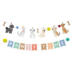 a party time banner with dogs hanging from it's sides and the words pawty time