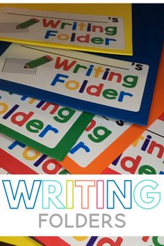 writing folders with the words writing folder on them and an image of letters in different colors