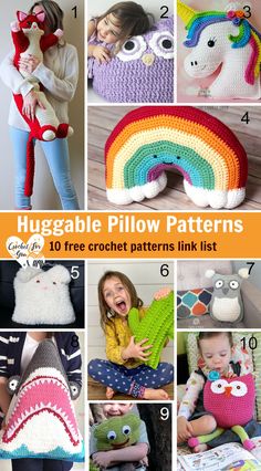 a collage of crochet patterns for children's pillows, blankets and other items