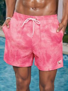 Men's Random Print Simple Style Beach Shorts Pink Boho   Polyester Letter,Tie Dye  Non-Stretch  Men Clothing, size features are:Bust: ,Length: ,Sleeve Length: Male Bathing Suit, Summer Beach Shorts, Fashion Tights, Men Beach, Lingerie Accessories, Beach Pants, Pink Boho, Mens Plus Size, Beach Shorts