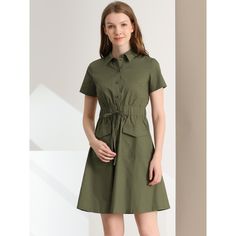 The casual, elegant look of this pretty dress will keep you looking great all the time. The short-sleeve shirt dress is cut with a relaxed silhouette and features a drawstring to cinch in the waist and plenty of practical pockets. Pair it with ankle boots or heels for a chic silhouette. Perfect for spring, summer, and autumn, and it is also suitable for any occasion. Casual Half Sleeve Office Dresses, Casual Green A-line Shirt Dress, Casual Shirt Dress With Relaxed Fit For Office, Casual Knee-length Short Sleeve Dress For Daywear, Casual Knee-length Short Sleeve Dress For Work, Casual Short Sleeve Knee-length Dress For Daywear, Casual Short Sleeve Knee-length Dress For Work, Casual Short Sleeve Summer Dress For Work, Casual Solid A-line Shirt Dress