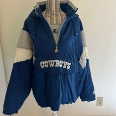 Cowboys Starter Jacket Has Pockets And Zip Up On The Side. This Jacket Is Vintage. I Purchased It In 1996. Cowboy Jacket, Starter Jacket, On The Side, Mens Jackets, Zip Ups, Blue White, Color Blue, Jackets & Coats, Blue And White