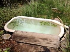 an old bathtub sitting in the middle of a field with weeds growing on it