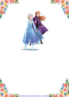 two frozen princesses standing next to each other in front of a white background with flowers