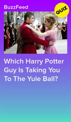 harry potter and his lady is talking to each other in front of a crowd with the words which harry potter guy is taking you to the yule ball?