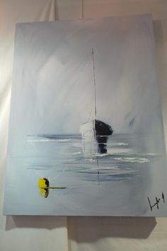 a painting of a boat in the water with yellow buoys on it's side