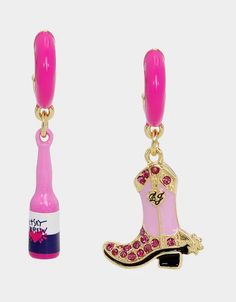 HOLA TO LOVE MISMATCH BOOT EARRINGS PINK | Earrings – Betsey Johnson Boot Earrings, Betsey Johnson Clothes, Cowgirl Boot, Shoes Sandals Heels, Mismatched Earrings, Funky Jewelry, Betsey Johnson Jewelry, Earrings Pink, Blue Jewelry