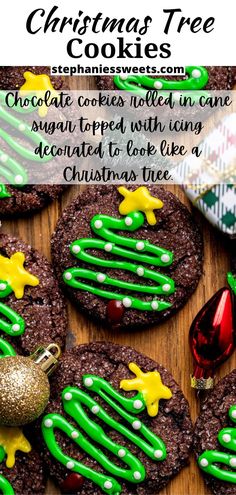 chocolate cookies decorated with green icing and christmas decorations