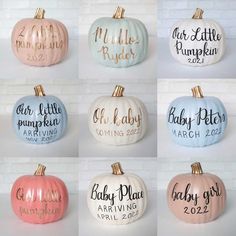 pumpkins with names painted on them in different colors