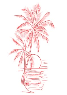 a drawing of a palm tree in the water