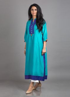 Turquoise Blue & Purple Butter Chanderi with Silk Ikat Tunic Silk Kurti Designs, Color Combinations For Clothes, Kurti Neck Designs, Silk Ikat