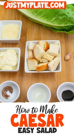 how to make caesar easy salad with cheese and dressing in small bowls on a wooden table