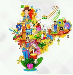 an artistic illustration of india on a white background with lots of different things around it