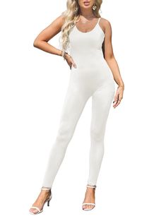 PRICES MAY VARY. Type:slim bodysuit/tight jumpsuit. Material: Polyester,Spandex,with good elasticity.Not cotton.Please note the fabric of printed colors is thinner than the solid colors. Style:Tank top catsuit,sleeveless,long pant,bodycon unitard,bodysuit,one piece,body suit,sexy jumpsuits & rompers,fashion outfit Size:XS(US 2-4),S(US 4-6),M(US 8-10),L(US 10-12),XL(US 14-16),please refer to the size chart in the picture.. Occasions:Casual,roomwear,loungewear,home wear,outdoor,hiking,yoga,workout Trendy Stretch Jumpsuits And Rompers With Seamless Design, Trendy Stretch Unitard For Summer, Trendy High Stretch Summer Unitard, Summer Stretch Elastane Unitard, Trendy Elastane Jumpsuits And Rompers, Trendy Solid Elastane Jumpsuits And Rompers, White Spaghetti Strap Bodysuit For Poolside, Trendy White Stretch Jumpsuits And Rompers, Stretch Elastane Jumpsuits And Rompers For Summer