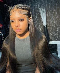 Middle Part Hairstyles Wig, Two Braids Wig Style, Straight Lace Wig Styles, Frontal Middle Part Hairstyles, Hairstyles For Straight Wigs Black Women, Crimped Lace Front Wig, Wig Styles For Black Women Straight, Lace Front Straight Wig Styles, 2 Braids Wig Hairstyles