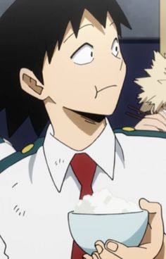 an anime character holding a bowl with rice in it's hand and another person behind him