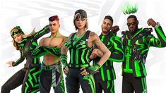 a group of people dressed in green and black outfits posing for the camera with their arms around each other