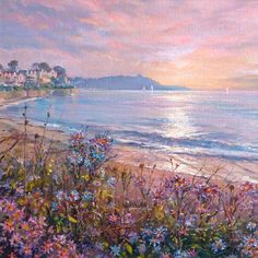 an oil painting of the beach with flowers in front of it and houses on the shore