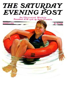 the saturday evening post magazine cover featuring a boy on an inflatable floater