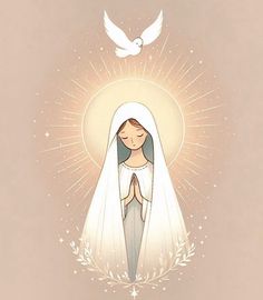 an image of the virgin mary with doves above her head on a beige background