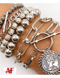 Accessorize your bracelet stack with coin charms, toggle clasps and chains. Style Coin-CMF2323, Toggle Clasp SSP1208, SSP1209, Chains SSC1074, MCSX-SH611, Ball MP3341-6 Silver Plated Bracelets, Luxury Silver Plated Bracelets, Luxury Coin-shaped Jewelry For Women, Gold-tone Coin Pendant Jewelry, Symbolic Coin Medallion Necklace, Tarnish Resistant, Luxury Coin-shaped Medallion Necklace With Large Pendant, Luxury Coin-shaped Charms Jewelry, Coin Bracelet, Medallion Necklace