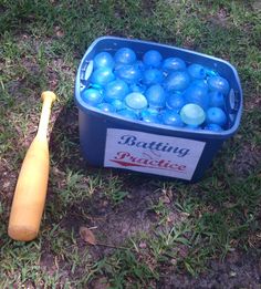 a plastic container filled with blue eggs next to a wooden baseball bat on the ground