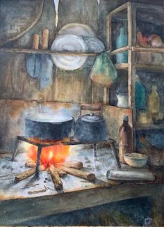 a painting of pots and pans cooking on an open fire in a kitchen area