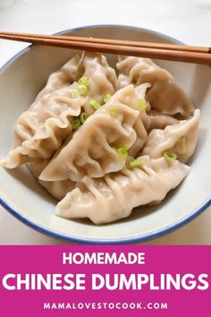 homemade chinese dumplings in a bowl with chopsticks on the side and text overlay