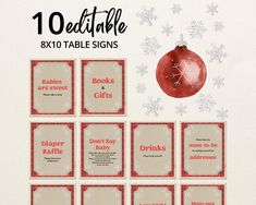 10 christmas table signs with snowflakes on them and red ornaments hanging from the top