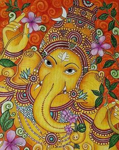 an elephant painting with flowers and leaves on it