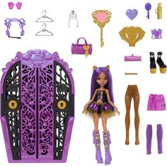 a doll with purple clothes and accessories in front of a pink cage that has an open door