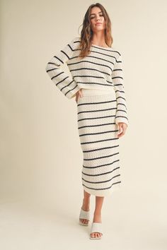 STRIPED KNIT SKIRT Features: Knit material Striped pattern Elastic waist Lined Fabric: 60% Cotton 40% Acrylic S3509ST Knitted Midi Skirt, Knit Midi Skirt, Top Skirt Set, Long Sleeve Knit Tops, Knit Midi, Crop Top Blouse, Stripe Skirt, Short Pajama Set, Denim Flares