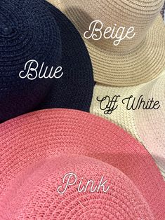 three hats with the words blue, off white and pink written in cursive writing