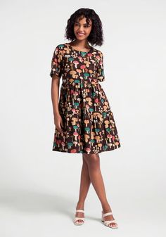 Touting Sprouts Smock Dress | ModCloth Open Sleeves, Princess Highway, 70s Outfits, 1960s Fashion, Brown Dress, Inspired Dress