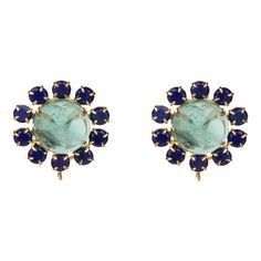 Elevate your style with our Martha Studs, a testament to classic sophistication. These vintage inspired stud earrings combine the rich blue of Lapis and the vibrant hues of Fluorite. What makes the Martha Studs truly remarkable is their adaptability. Each earring features a practical hook, allowing you to add a drop and effortlessly transform your style. This innovative design empowers you to create a fresh look that aligns with your ever-evolving fashion choices.  Stones: Lapis & Fluorite Material: 14K Gold Plated Dimensions: 1" X 1" Blue Cabochon Earrings For Formal Occasions, Elegant Blue Cabochon Clip-on Earrings, Interchangeable Earrings, Rose Gold Earrings Studs, City Woman, Pink Studs, Contemporary Earrings, Rose Gold Studs, Studded Necklace